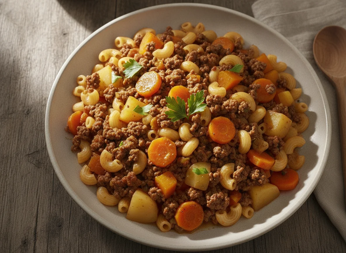 Guiso de fideos con carne y vegetales photo