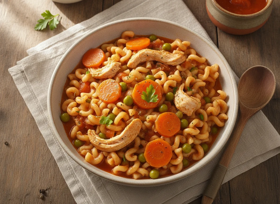 Guiso de fideos con pollo y vegetales photo