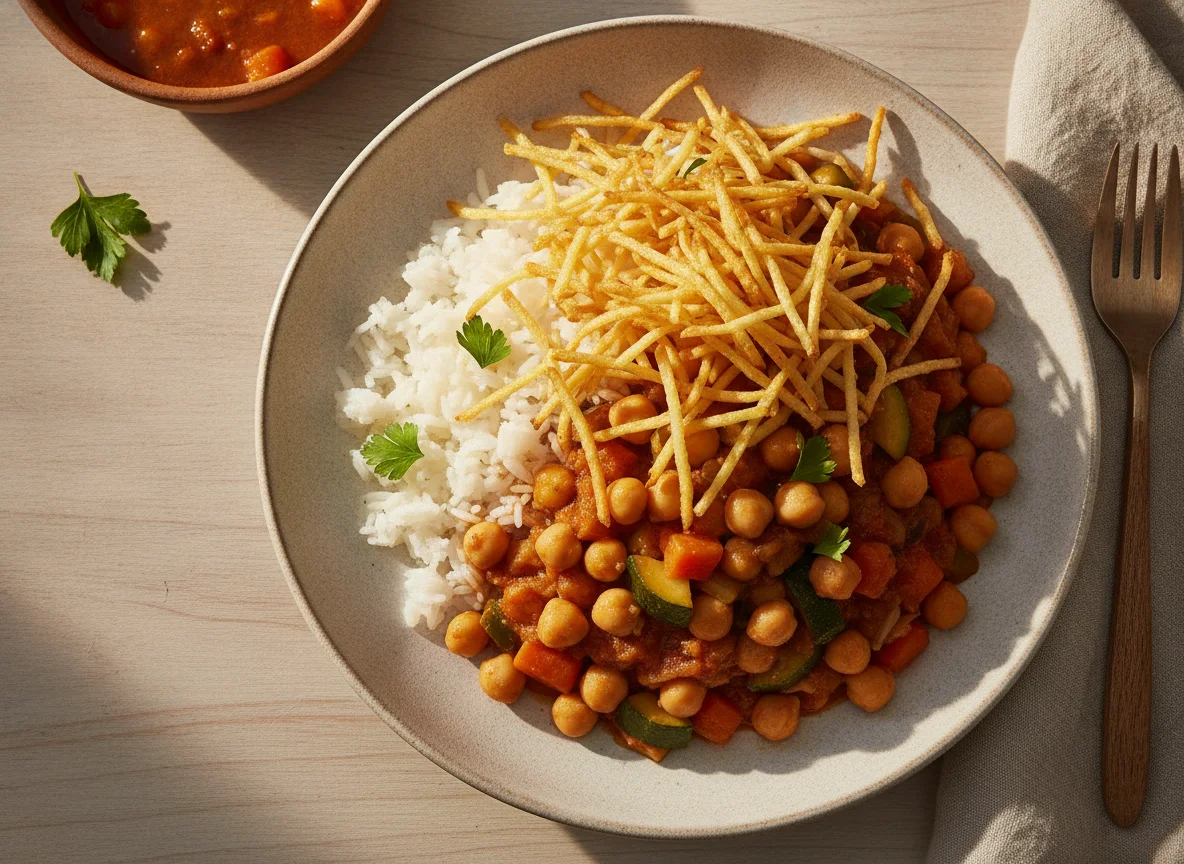 Guiso de garbanzos con arroz y papas hilo photo