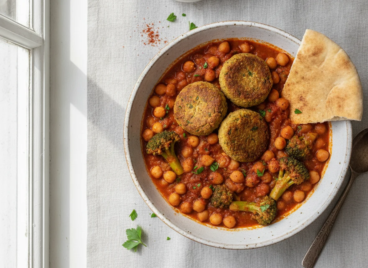 Guiso de garbanzos con brócoli y salsa de tomate photo