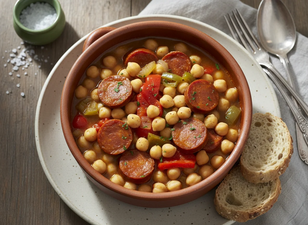 Guiso de garbanzos con chorizo y verduras photo