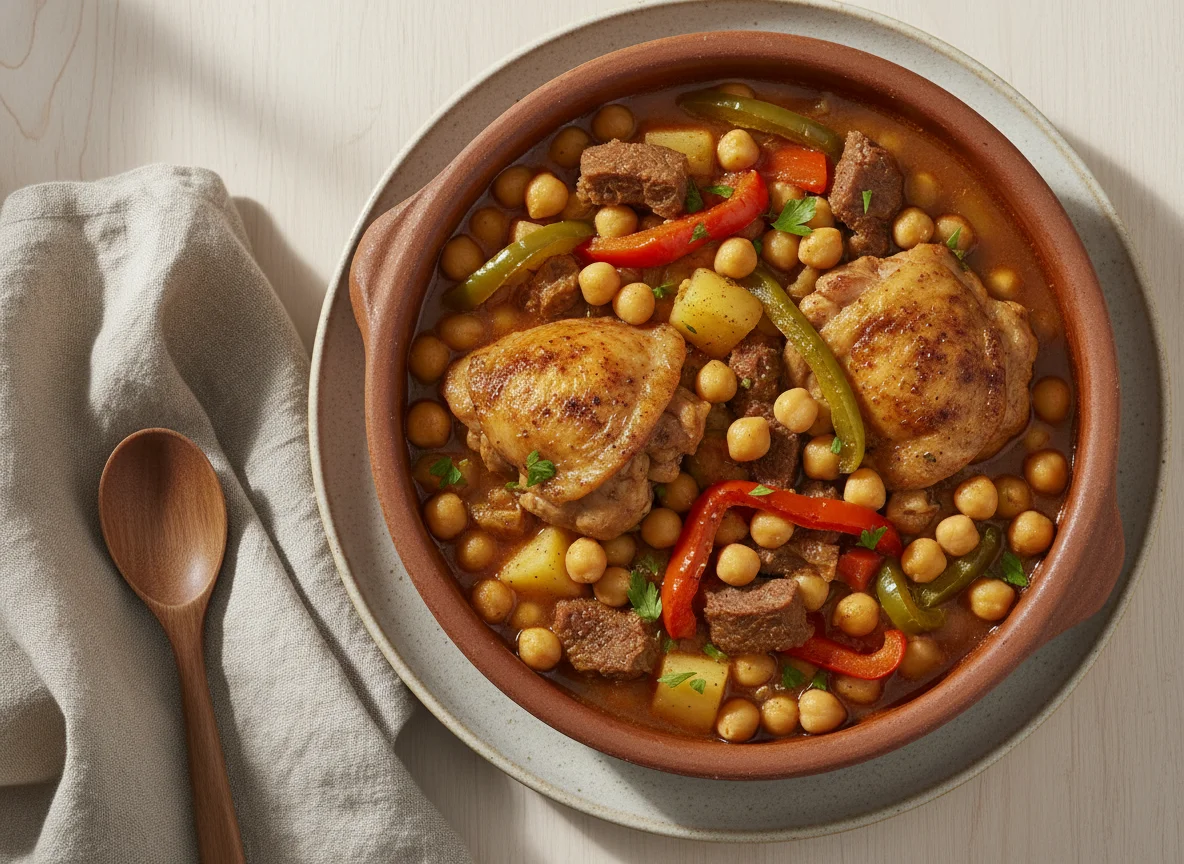 Guiso de garbanzos con pollo y pimientos photo