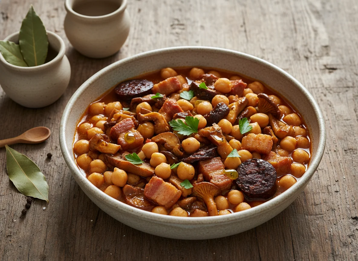 Guiso de garbanzos con setas y carne photo