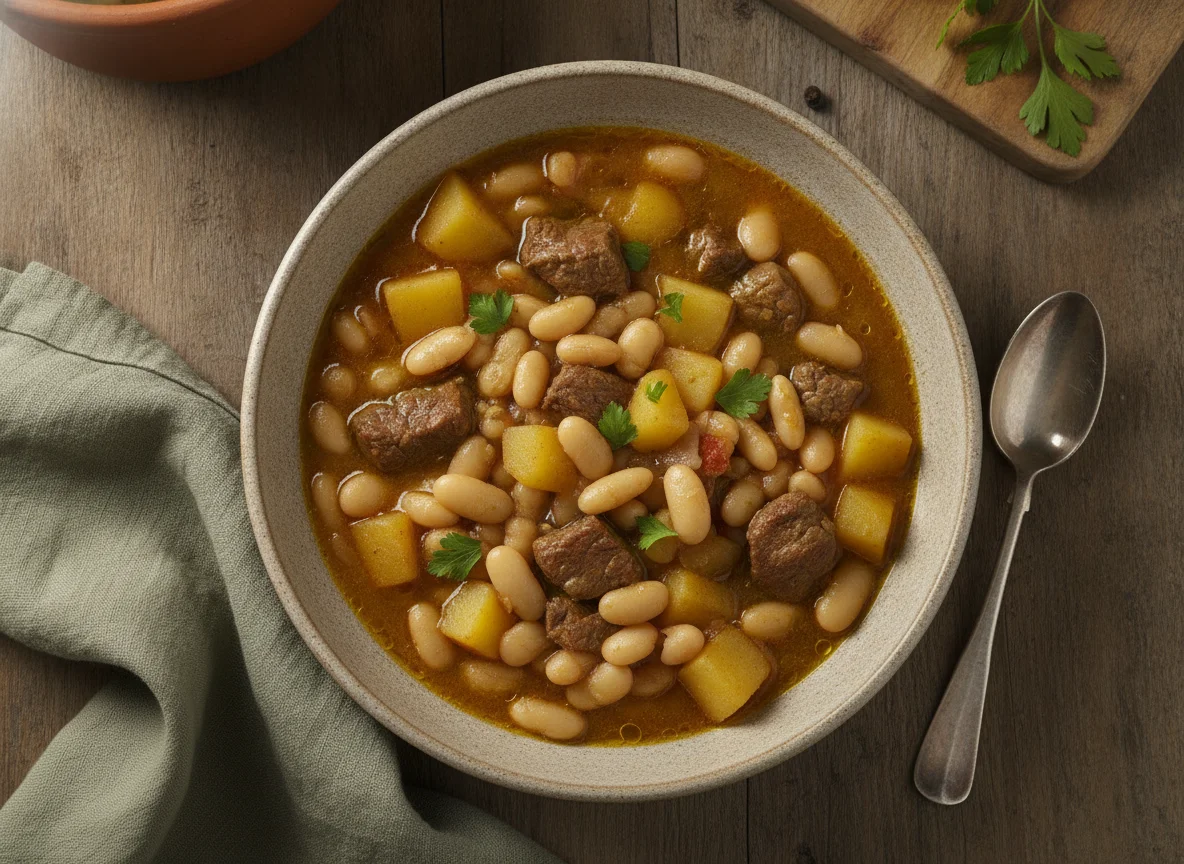 Guiso de judías blancas con patatas y carne photo