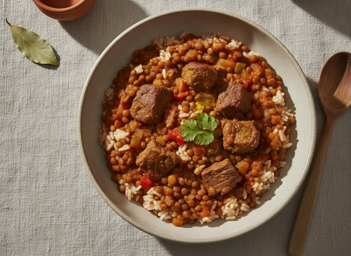 Guiso de lentejas con arroz y carne photo