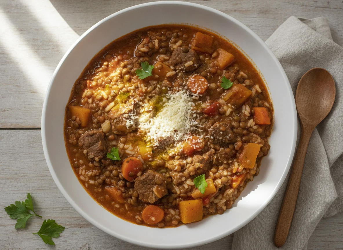 Guiso de lentejas con arroz y queso photo