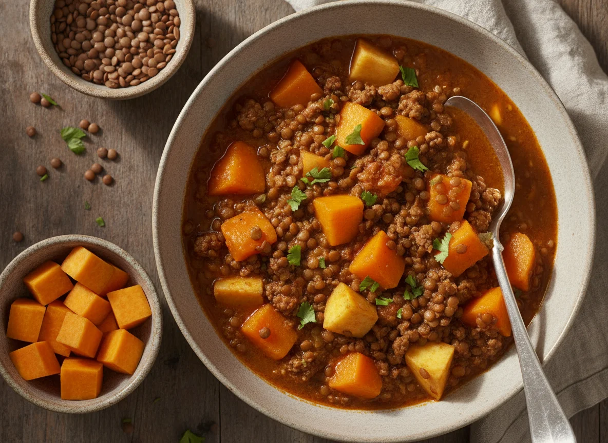 Guiso de lentejas con calabaza y batata photo