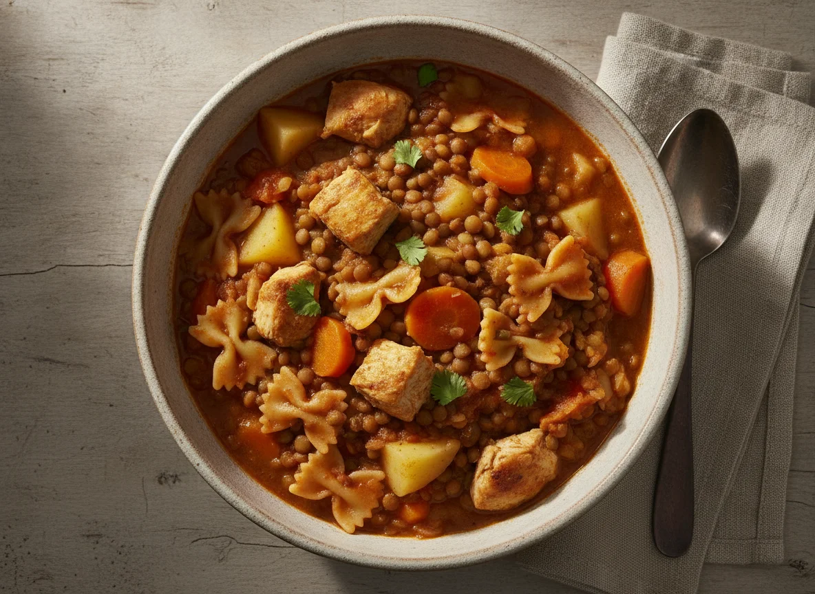 Guiso de lentejas con fideos moñita y pollo photo