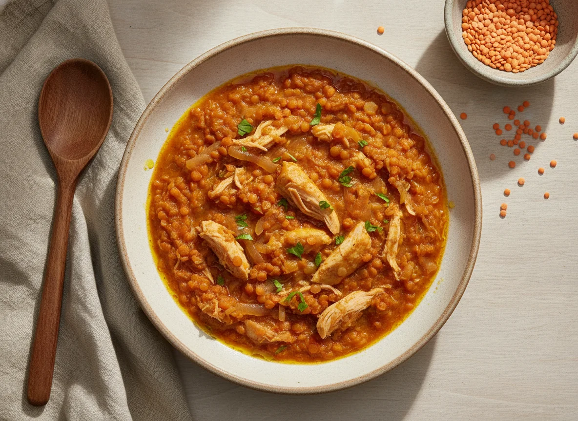 Guiso de lentejas rojas con pollo photo
