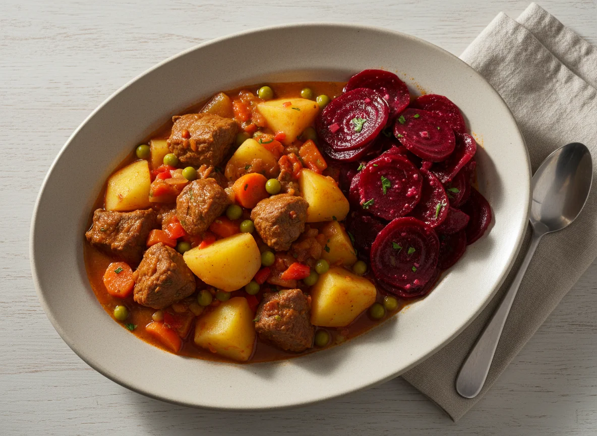 Guiso de papas con carne y ensalada de betarraga photo