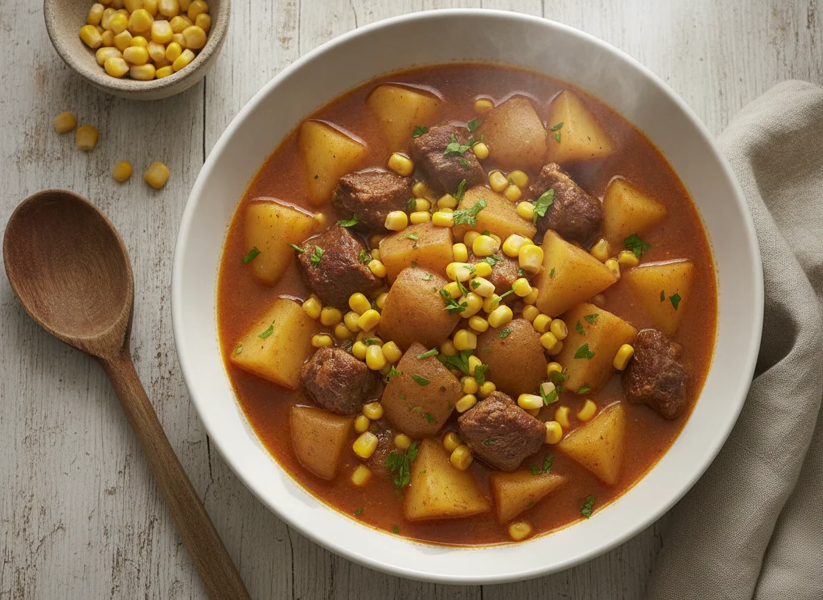 Guiso de patatas con carne y maíz photo