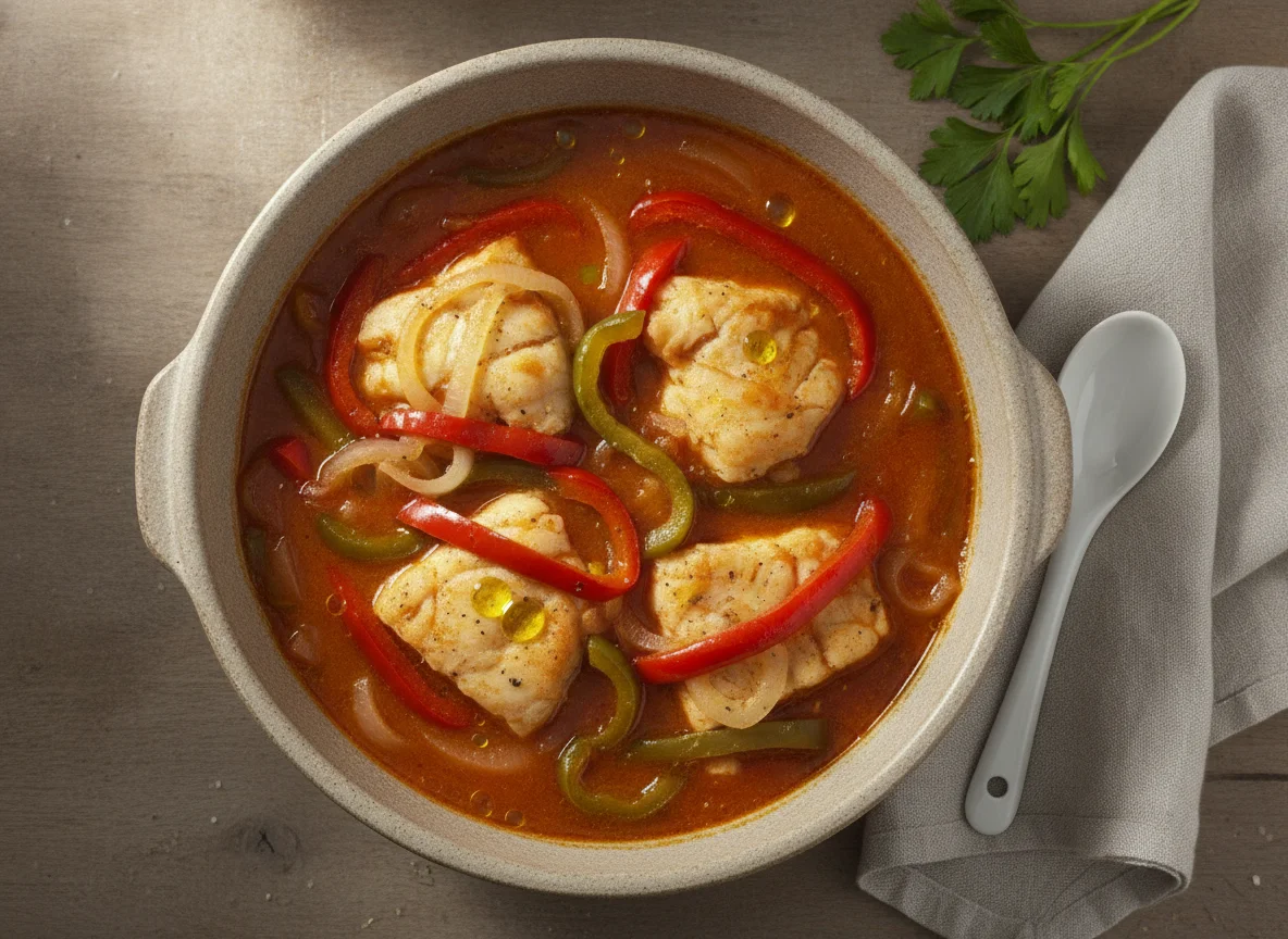 Guiso de pescado con tomate y pimientos photo