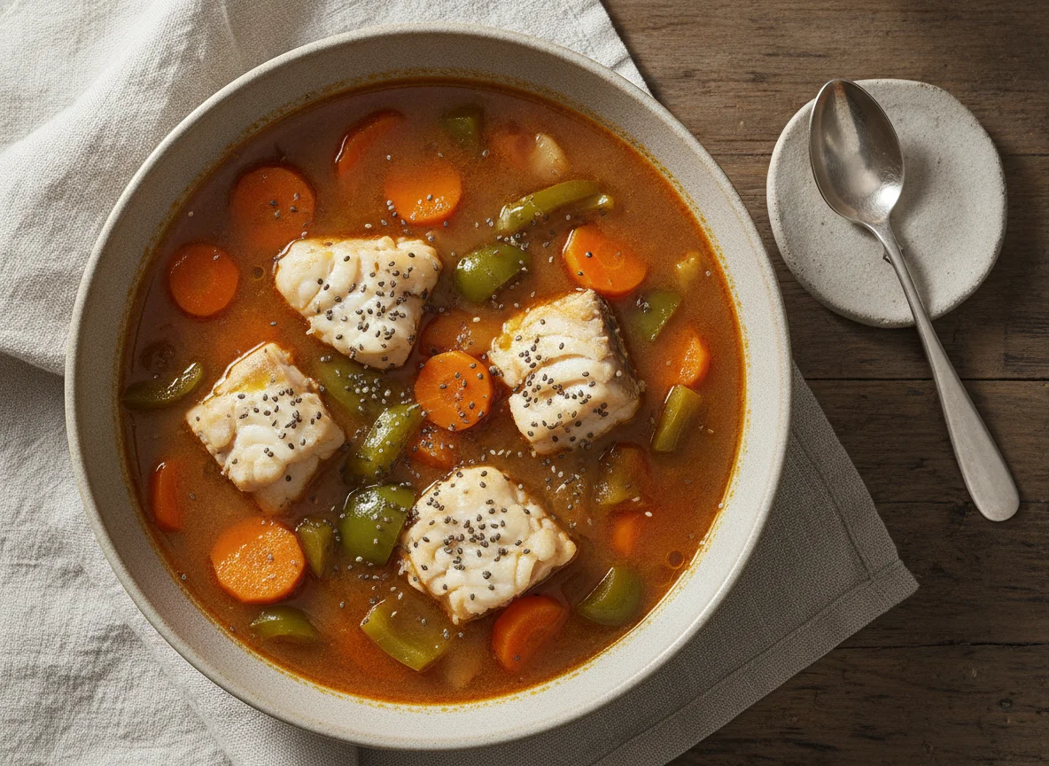 Guiso de pescado con verduras y semillas de chía photo