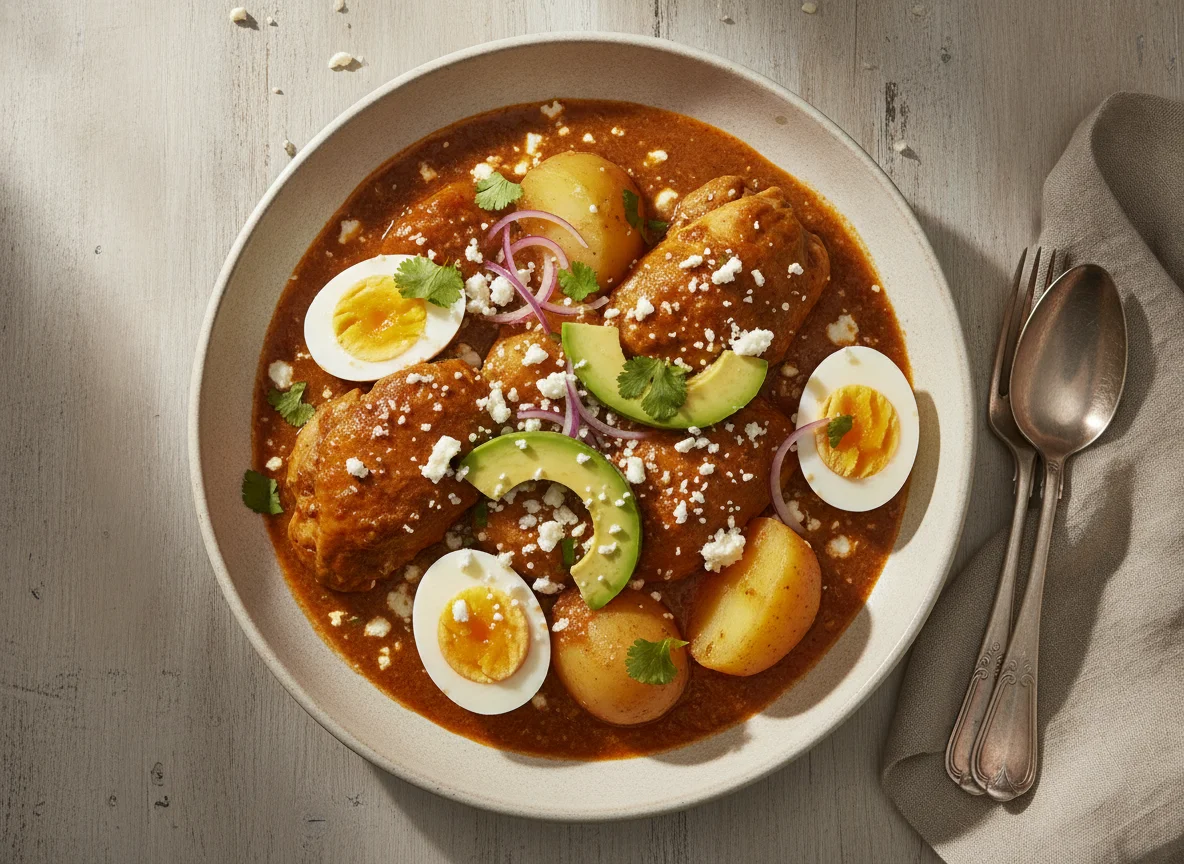 Guiso de pollo con aguacate, huevo y queso photo