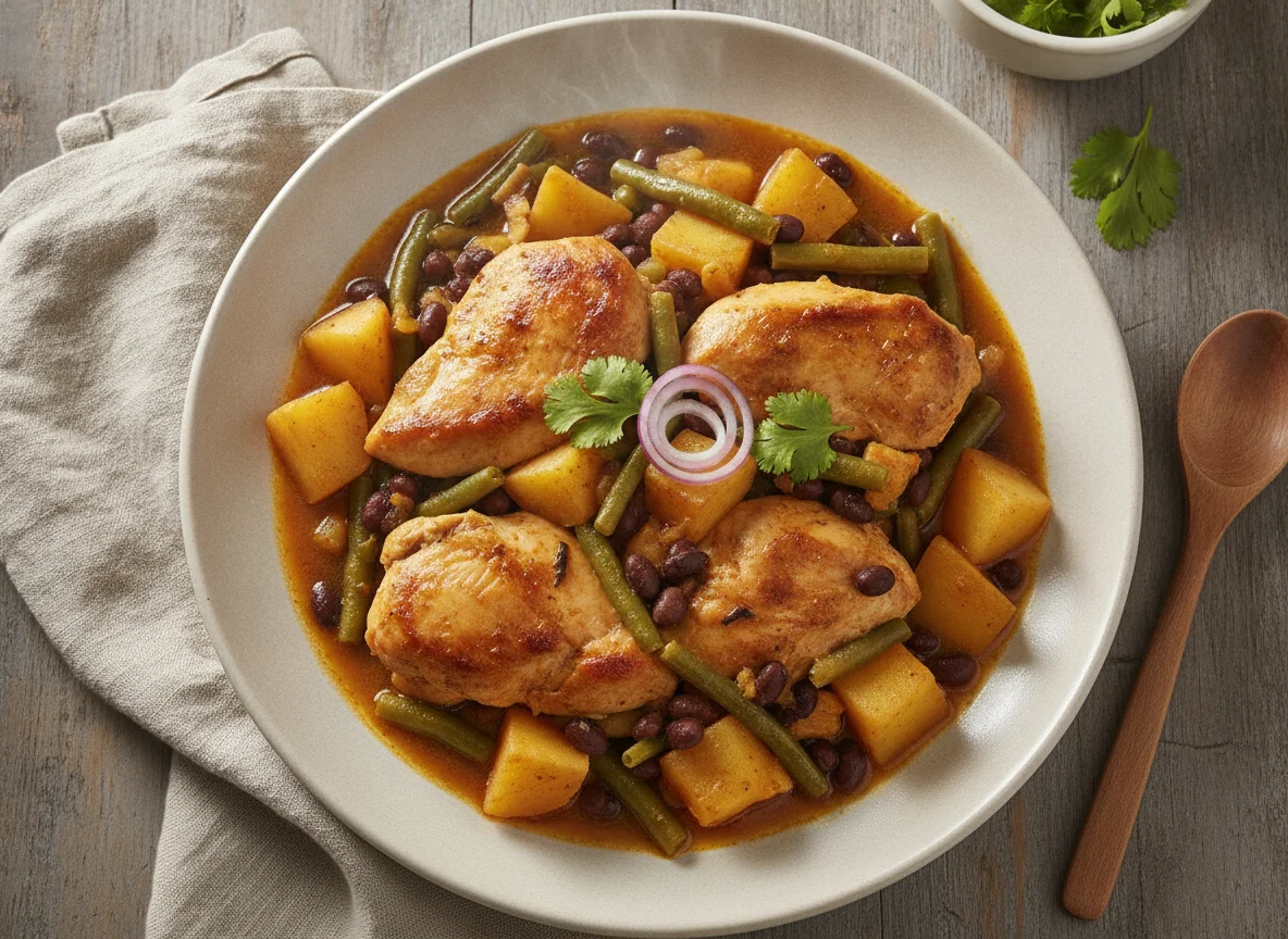 Guiso de pollo con frijoles negros, papas y judías verdes photo