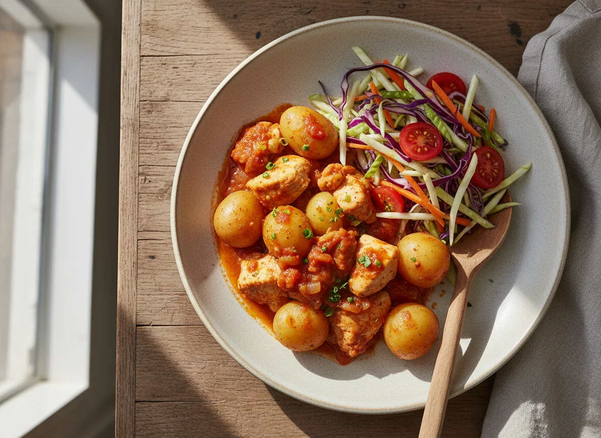 Guiso de pollo con papas y ensalada de repollo photo