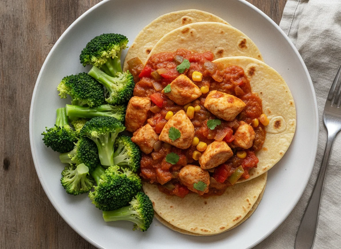 Guiso de pollo con tortillas y brócoli photo