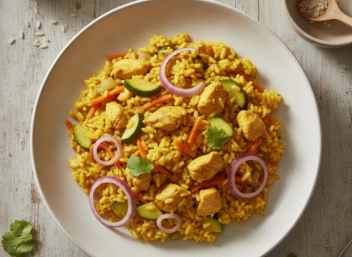 Guiso de pollo con verduras y arroz amarillo photo