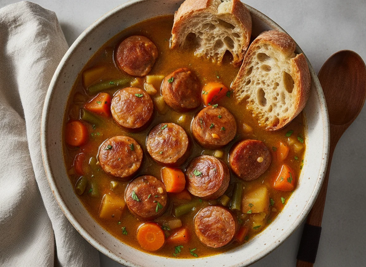 Guiso de salchichas con verduras y pan photo