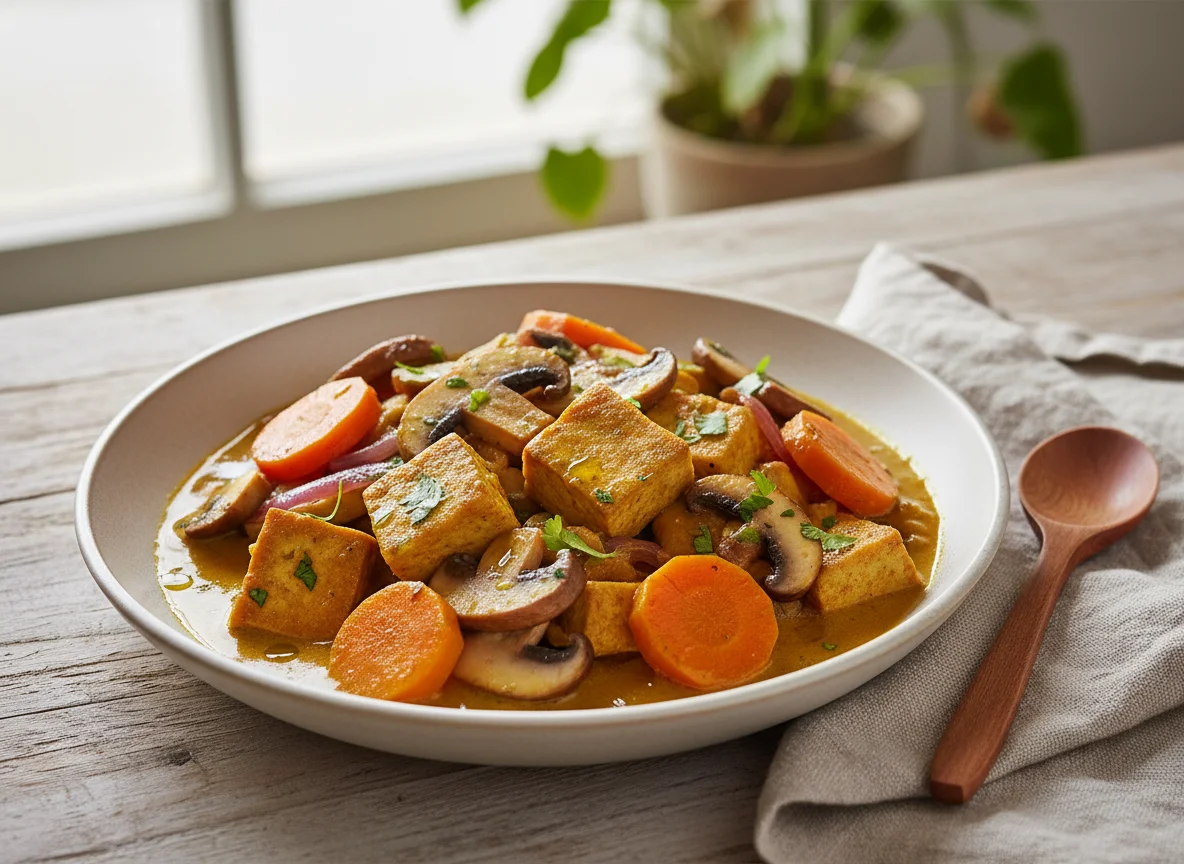 Guiso de setas y tofu con verduras photo