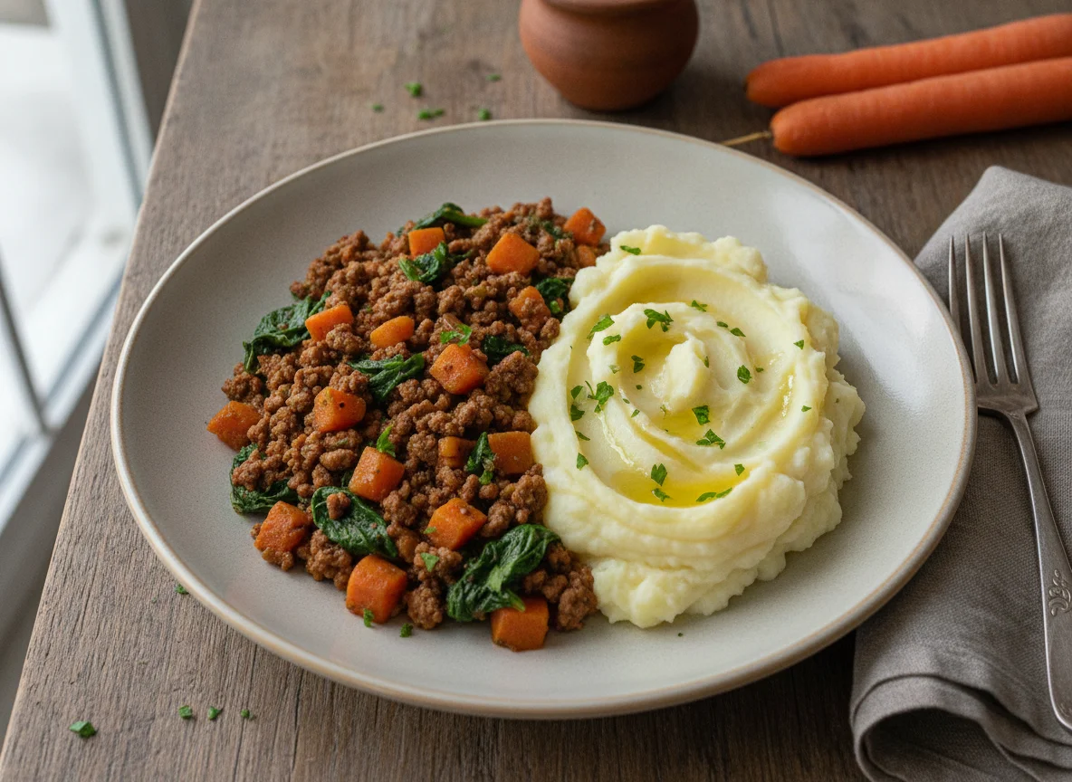 Guiso de verduras con carne y puré de papas photo