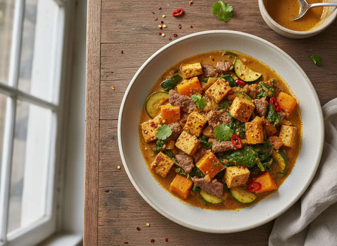 Guiso de verduras y carne con tofu photo