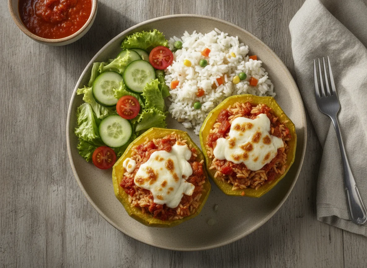 Güisquil relleno con arroz y ensalada photo