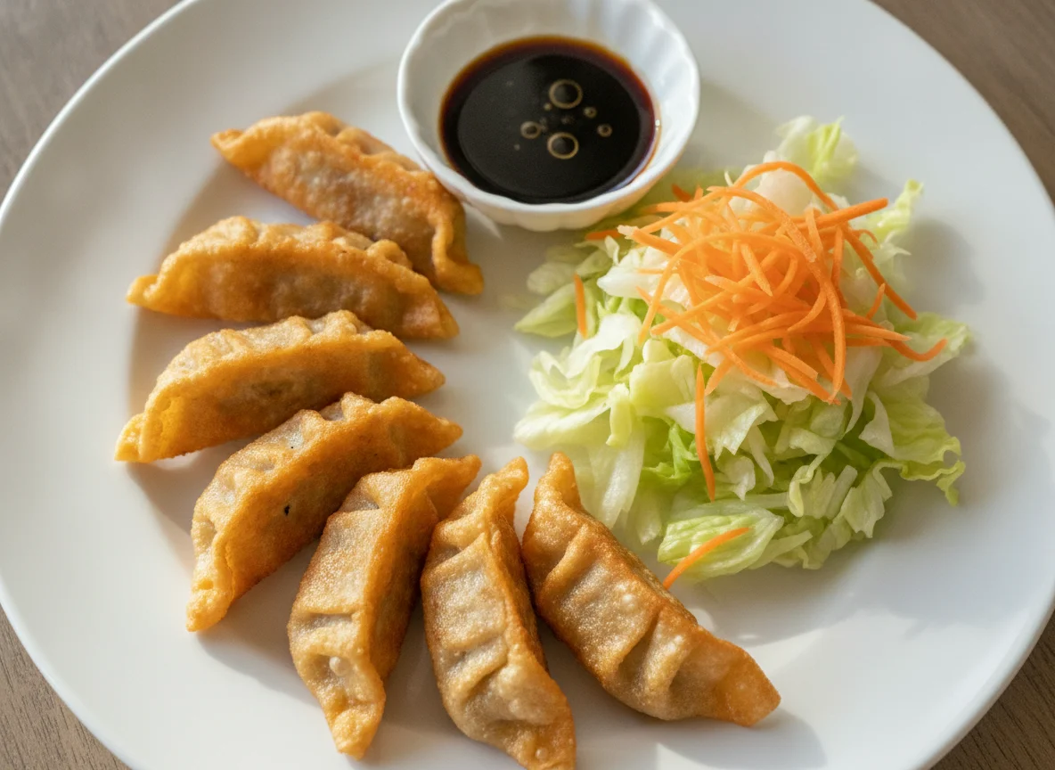 Gyozas con ensalada y salsa de soja photo