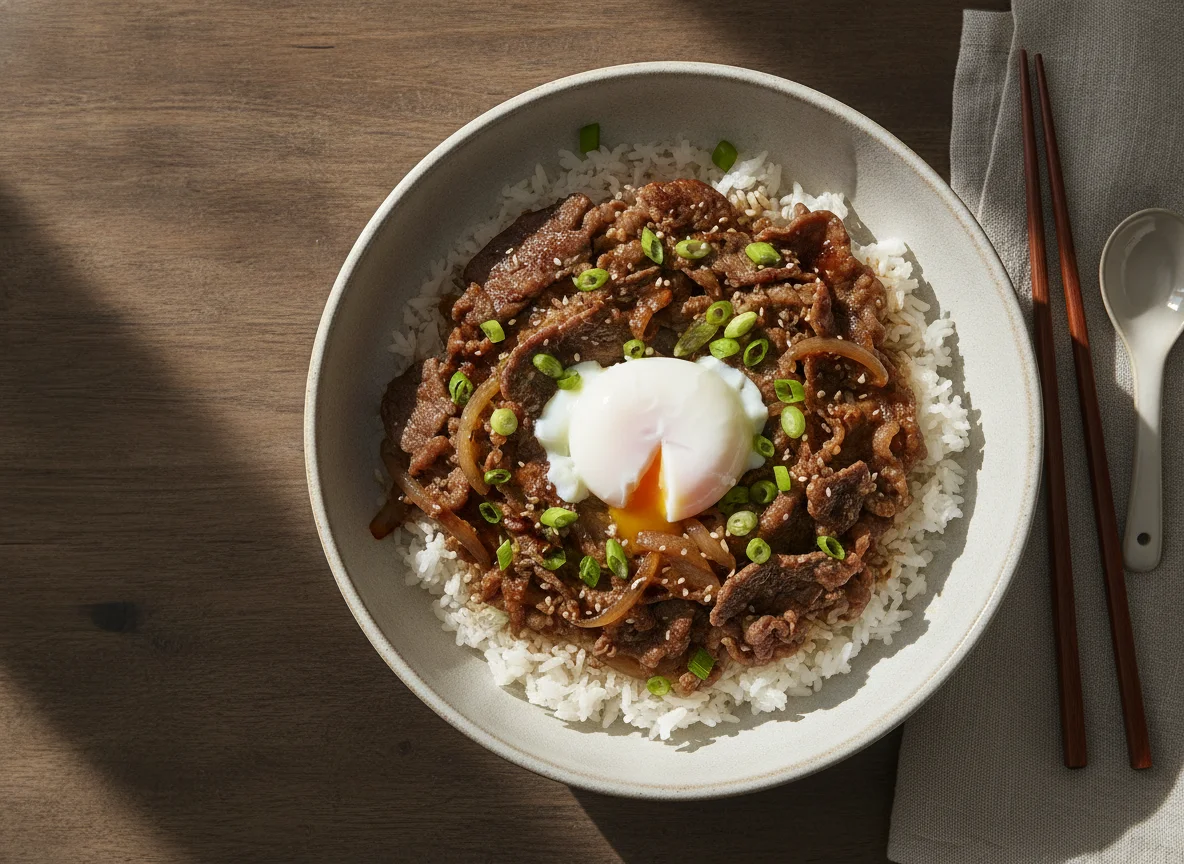 Gyudon con huevo pochado photo