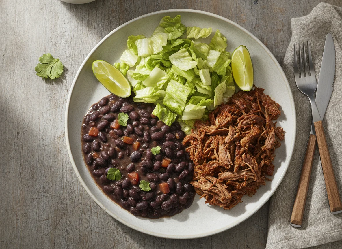 Habichuelas negras con carne desmechada y ensalada photo