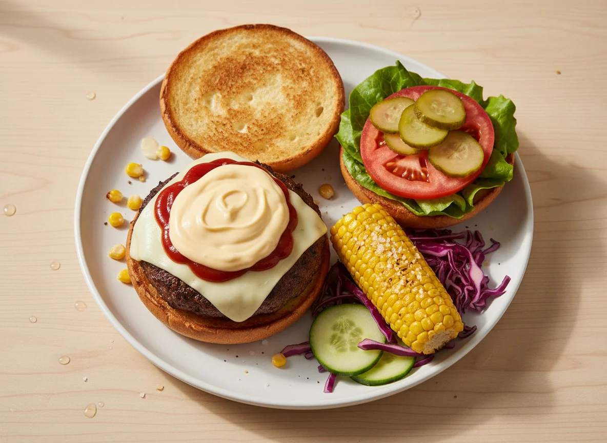 Hamburguesa abierta con maíz y ensalada photo