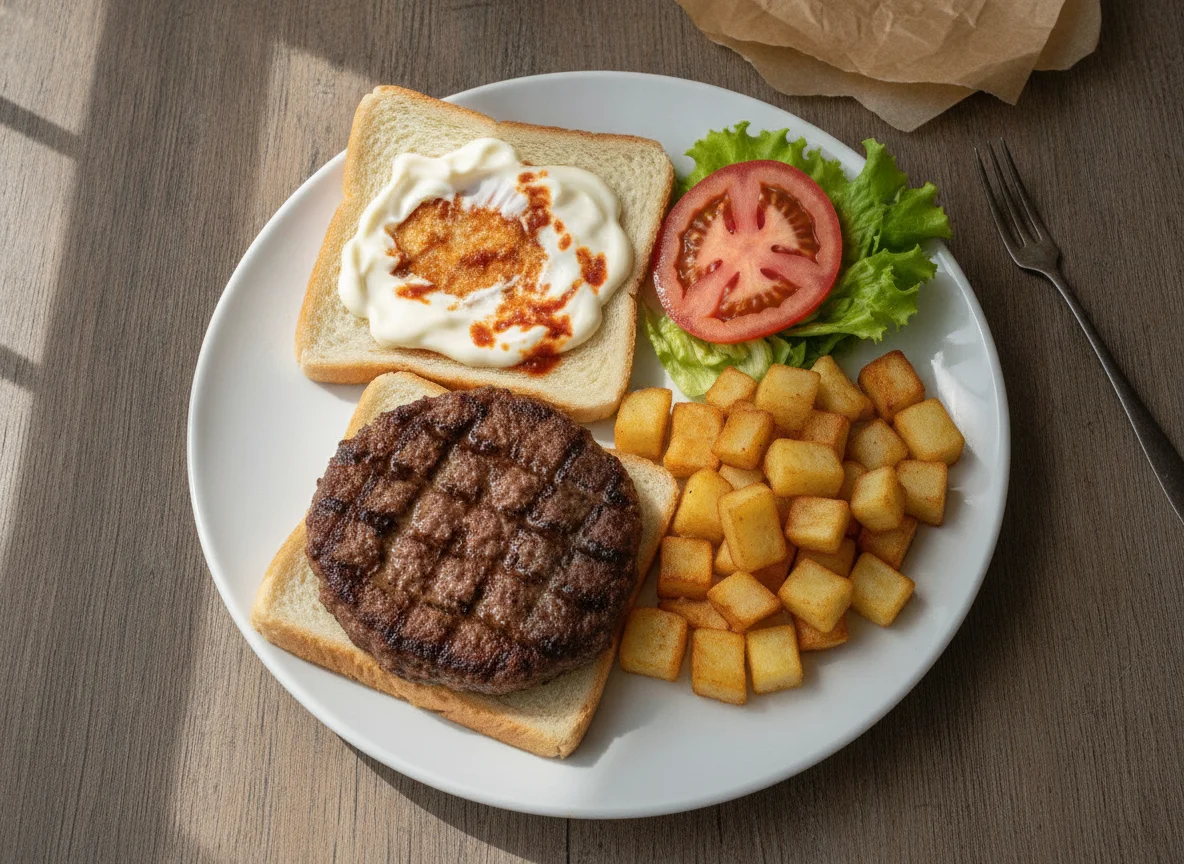 Hamburguesa abierta con papas fritas photo