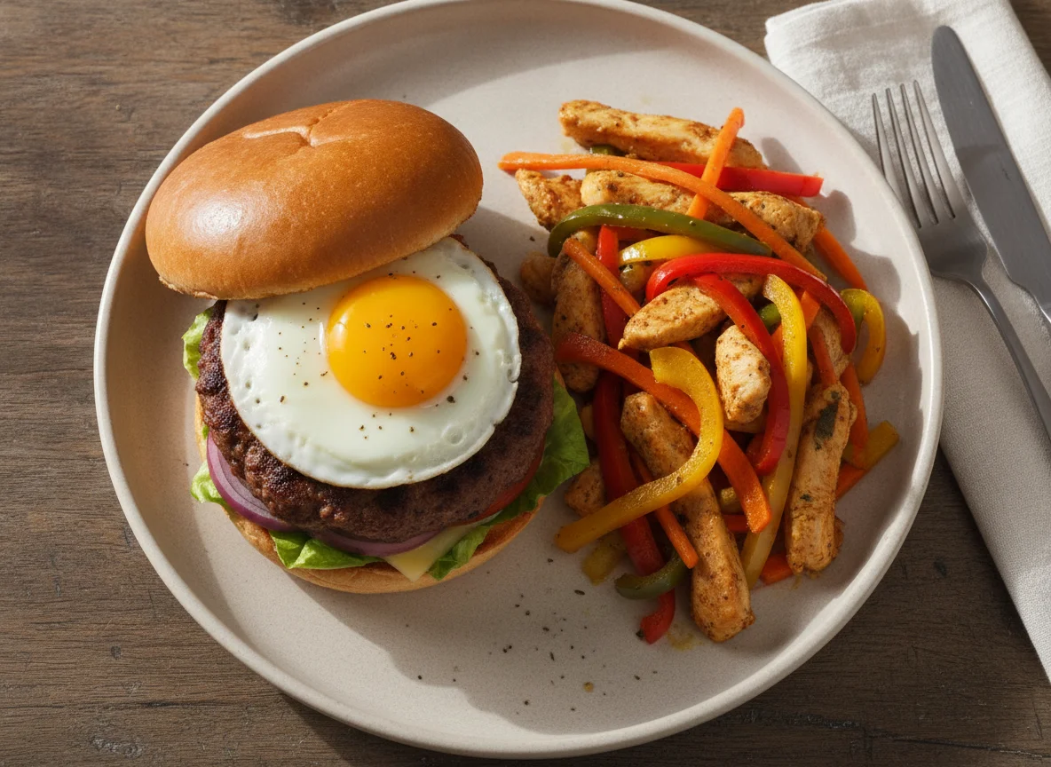 Hamburguesa casera con huevo frito y salteado de pollo con vegetales photo