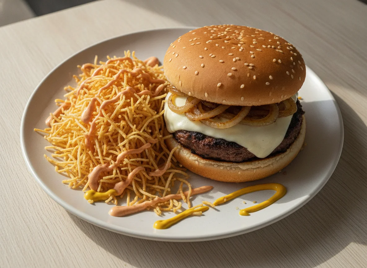 Hamburguesa Colombiana con papas cabello de ángel photo