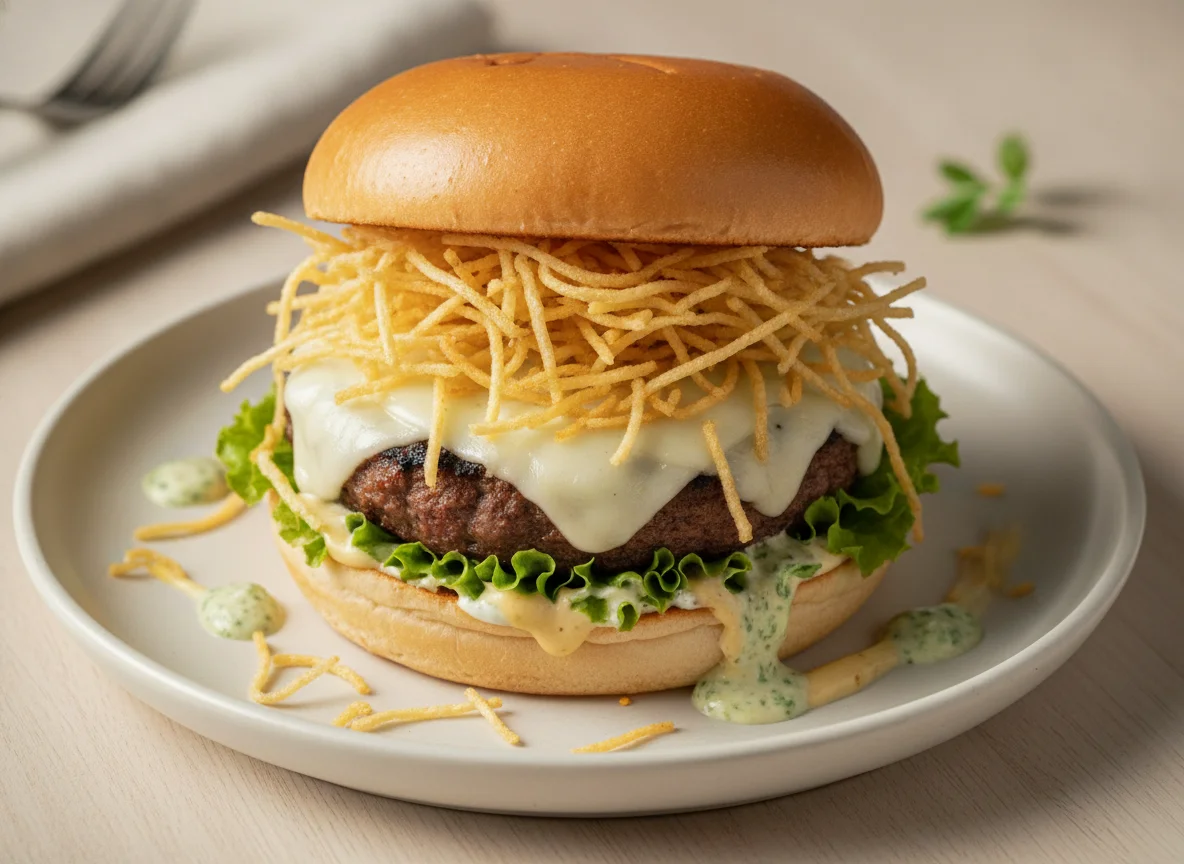 Hamburguesa colombiana con queso y papas cabello de ángel photo