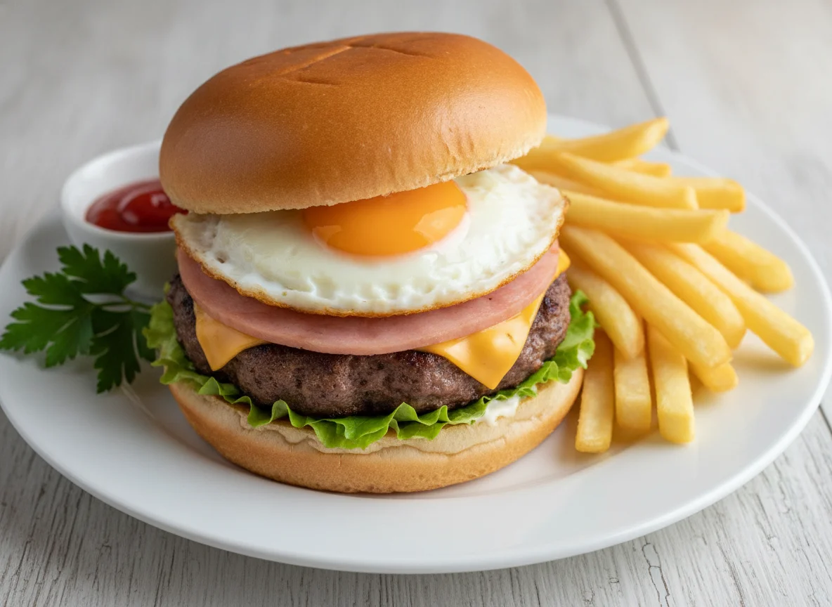 Hamburguesa completa con huevo y patatas fritas photo