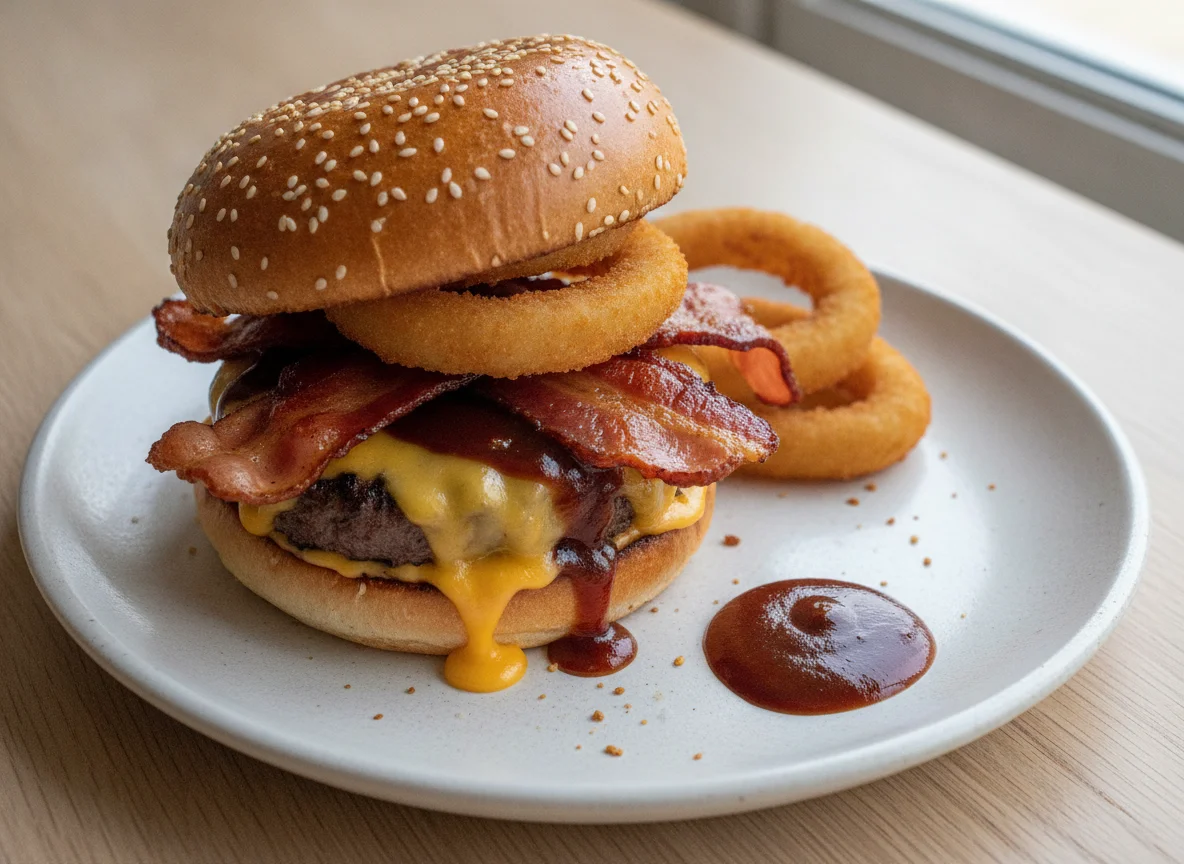 Hamburguesa con aros de cebolla y tocino photo