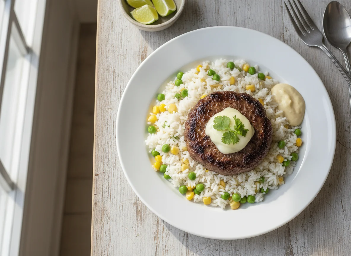 Hamburguesa con arroz primavera photo