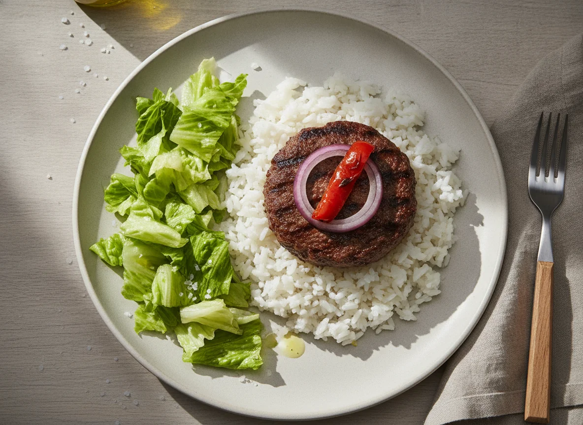 Hamburguesa con arroz y ensalada de lechuga photo
