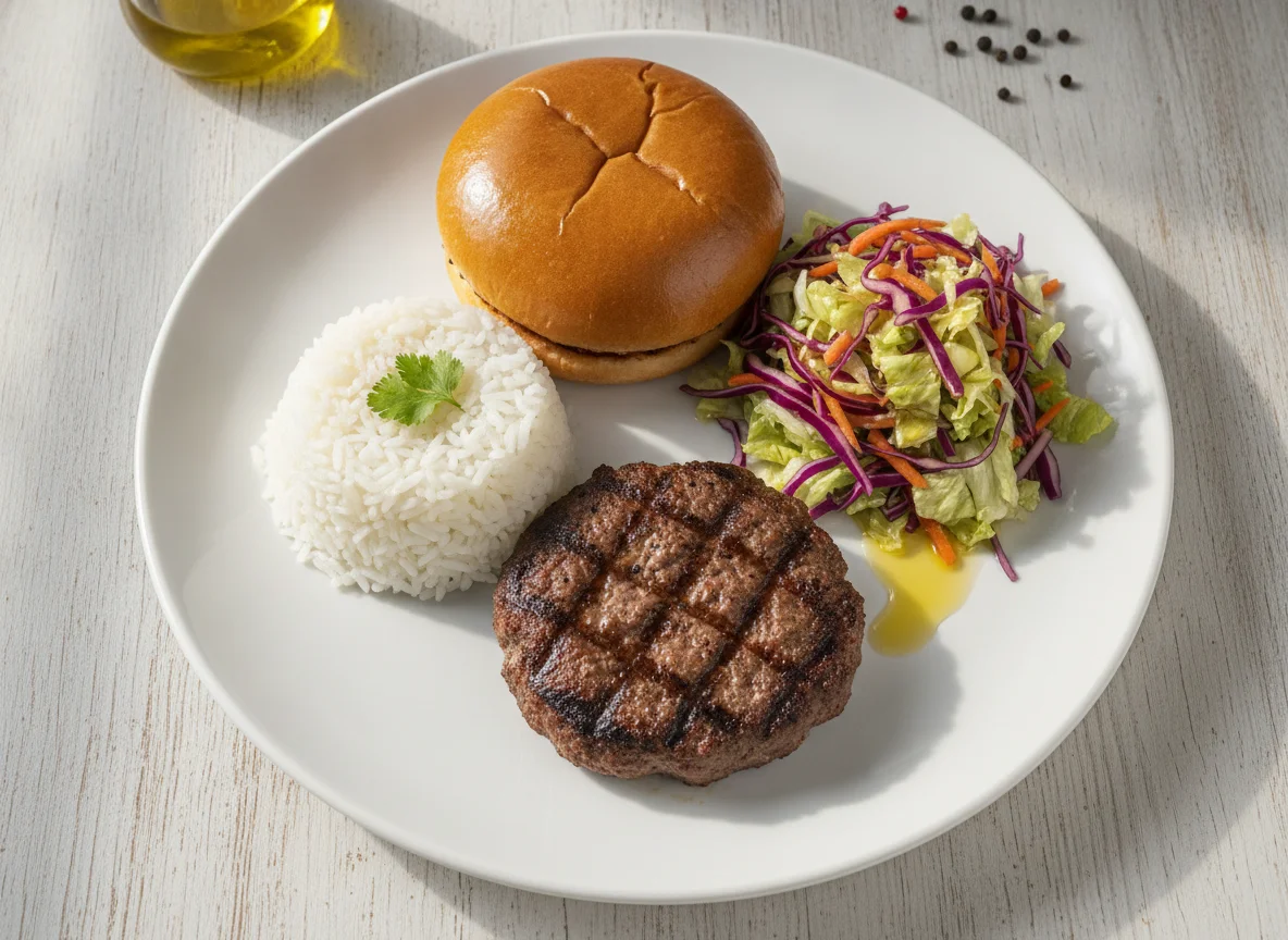 Hamburguesa con arroz y ensalada mixta photo