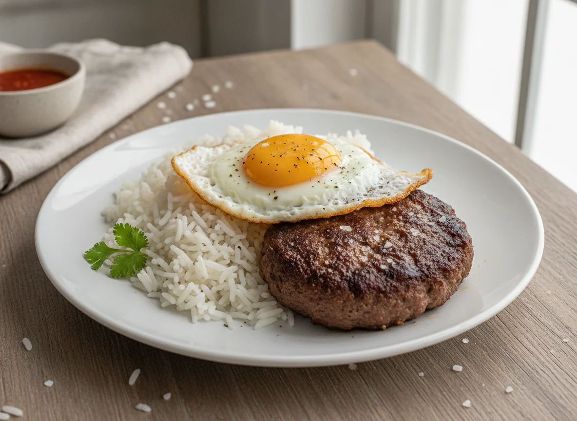 Hamburguesa con arroz y huevo frito photo