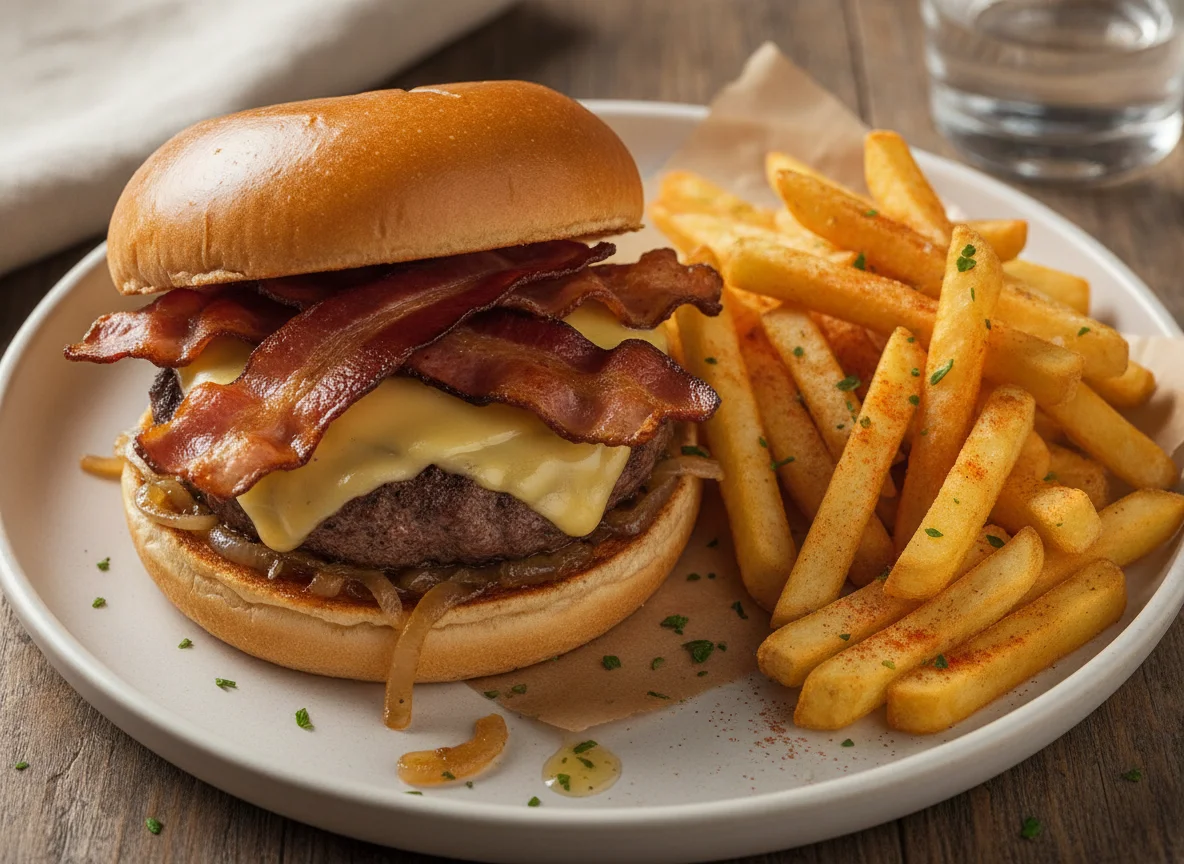 Hamburguesa con bacon y patatas fritas photo