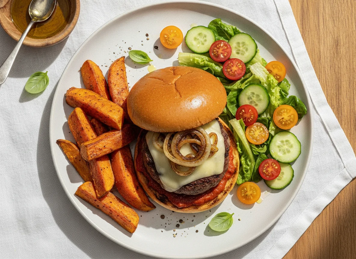 Hamburguesa con boniato asado y ensalada photo
