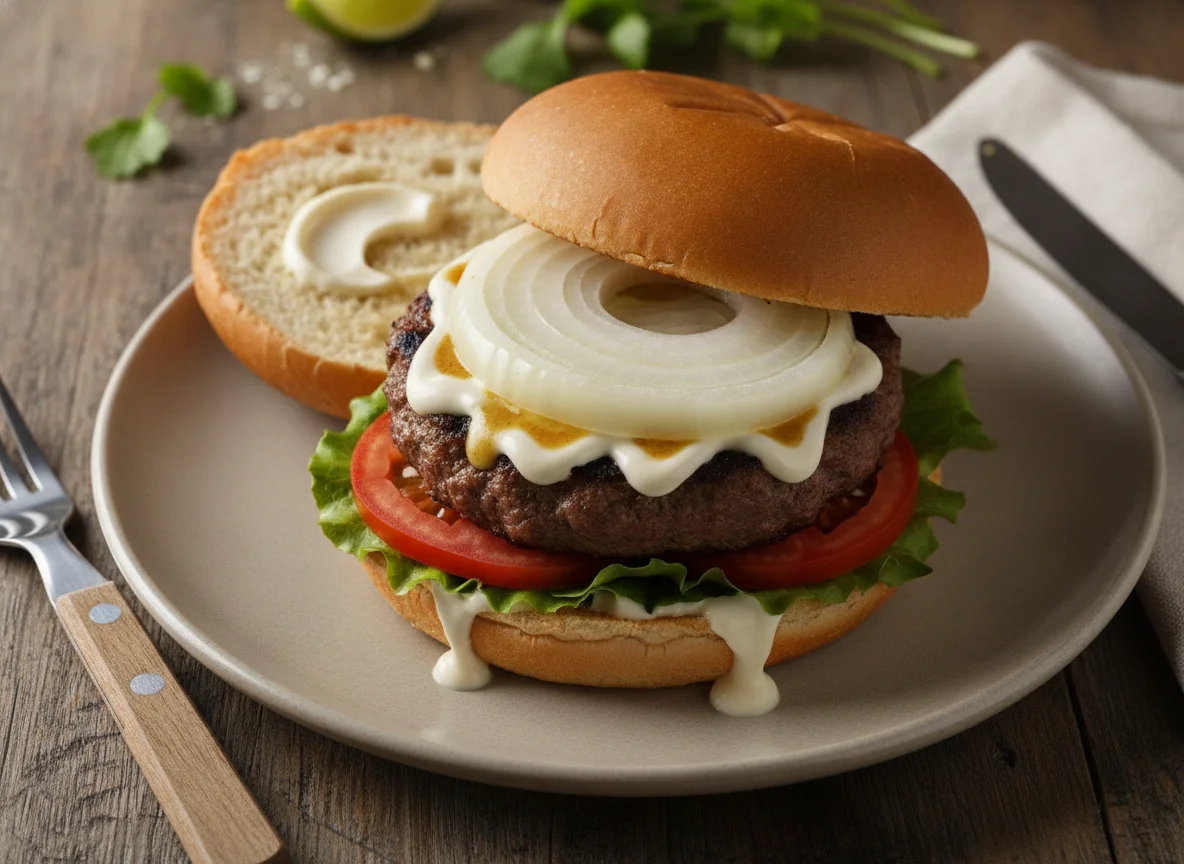 Hamburguesa con cebolla blanca photo