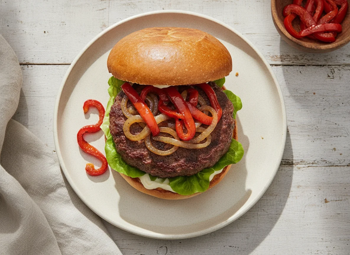 Hamburguesa con cebolla caramelizada y pimiento photo