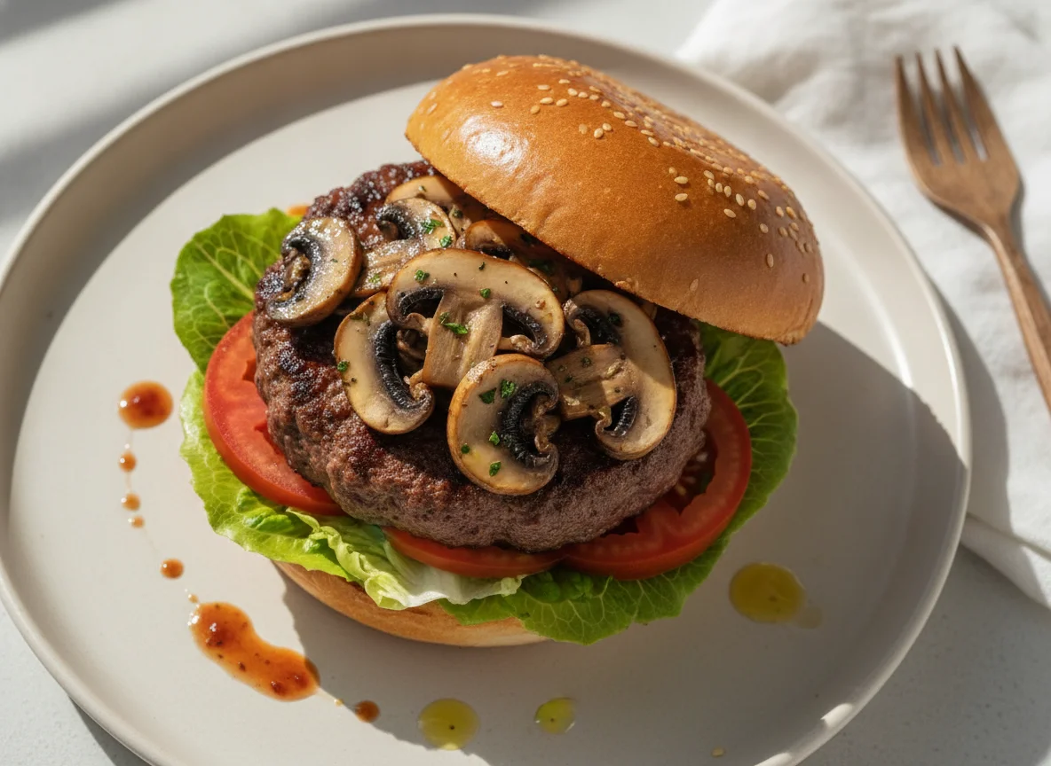 Hamburguesa con champiñones y lechuga photo
