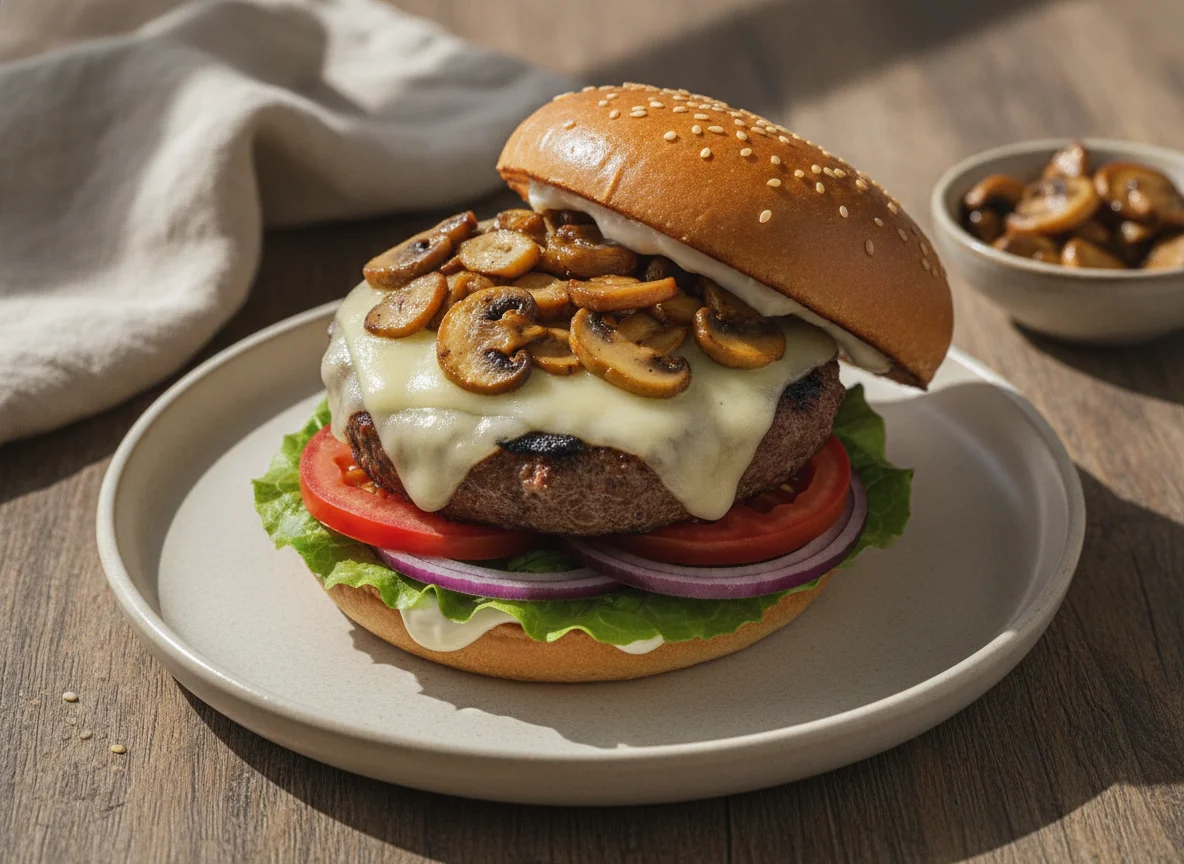 Hamburguesa con Champiñones y Queso Suizo photo