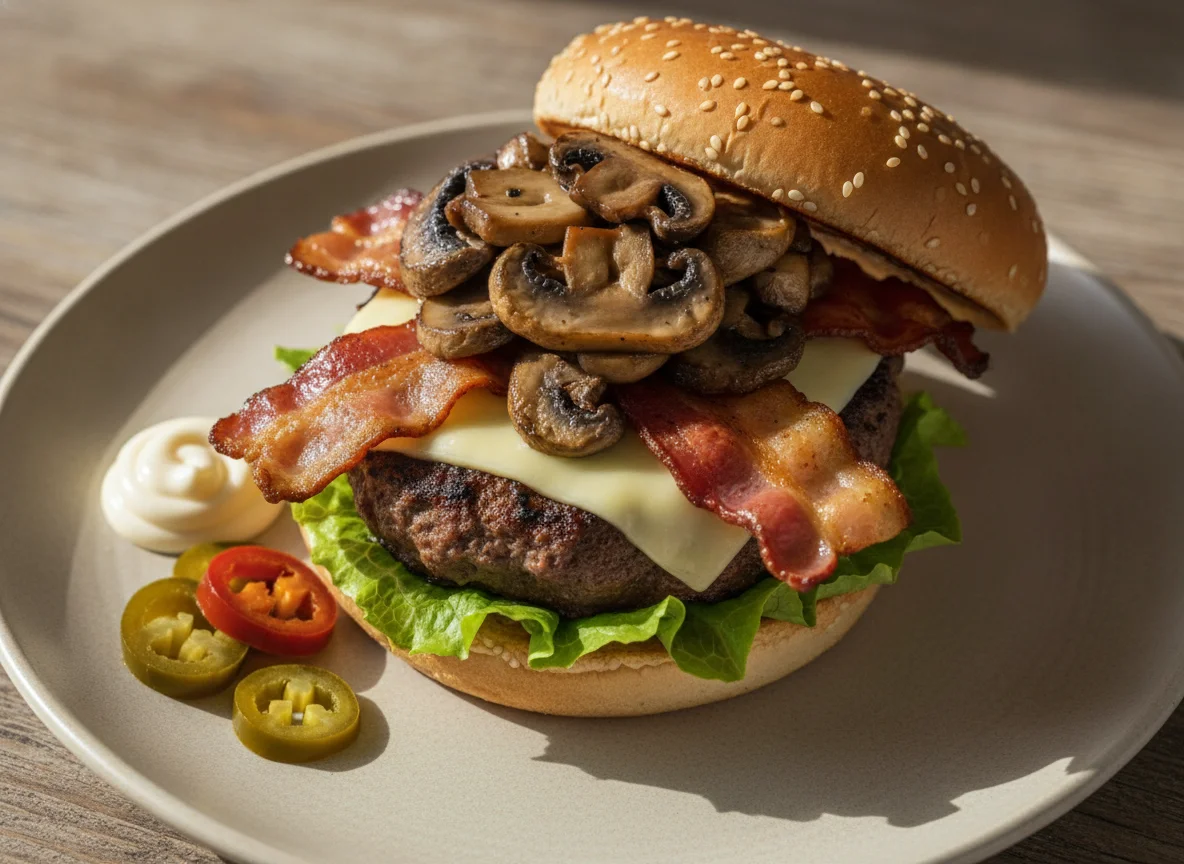 Hamburguesa con champiñones y tocino photo