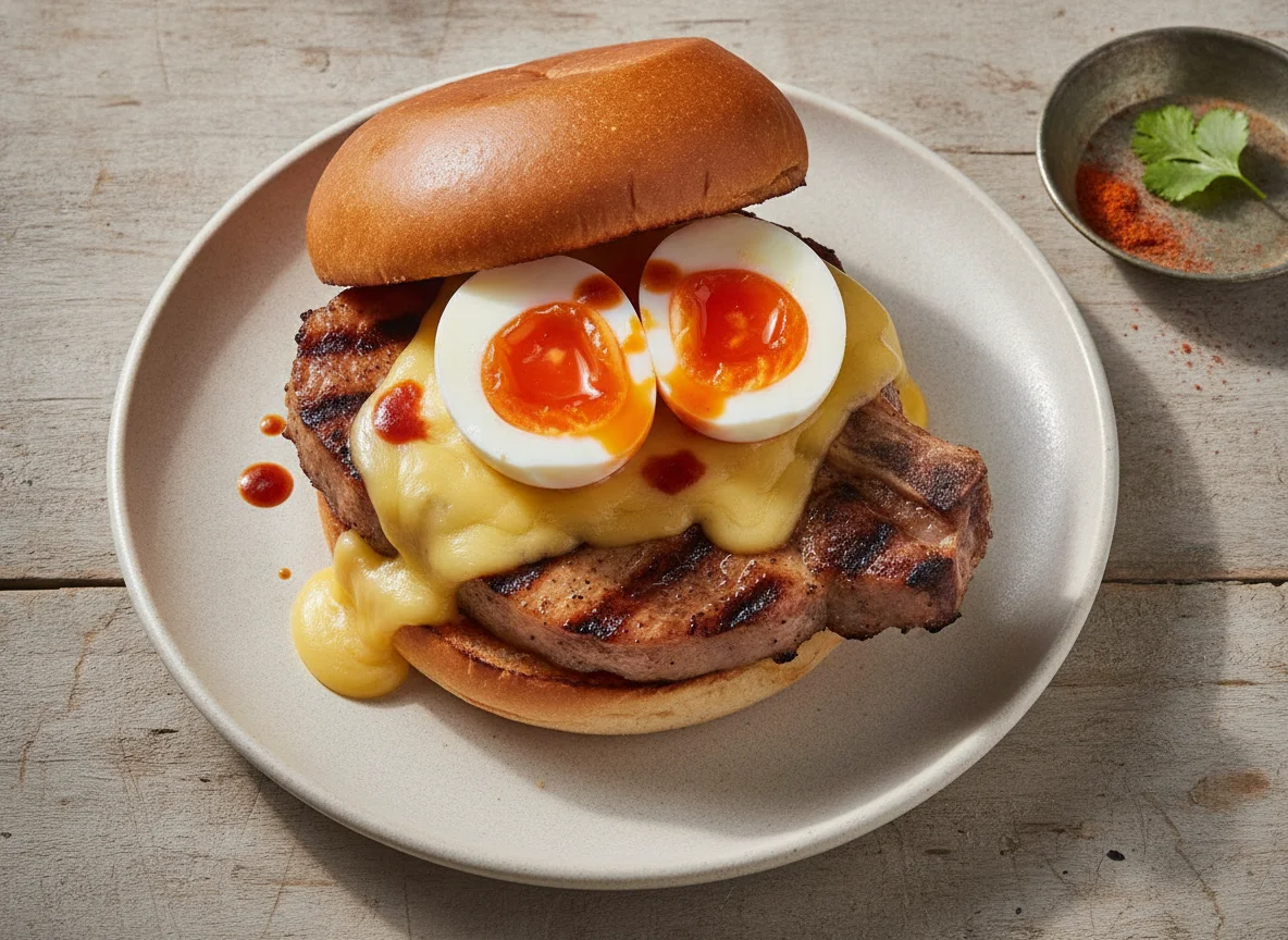 Hamburguesa con chuleta a la parrilla y huevo cocido photo