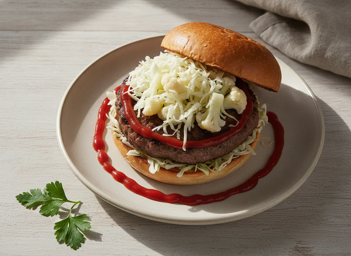 Hamburguesa con col, coliflor y kétchup photo
